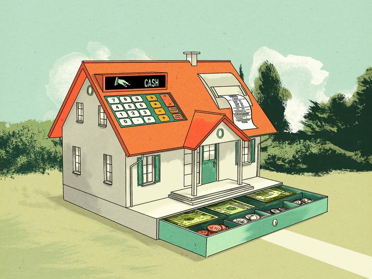 Illustration: Einfamilienhaus als Ladenkasse.
