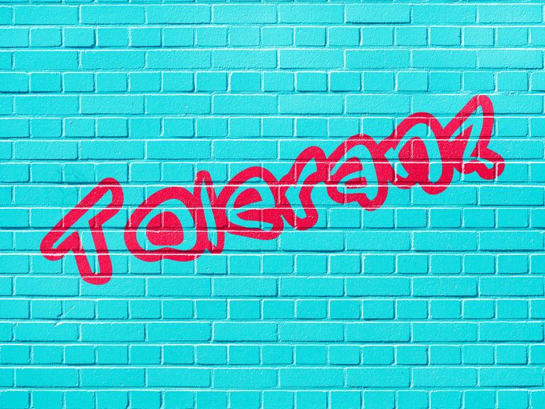 Auf eine türkisfarbenen Wand steht in Rot der Schriftzug Toleranz.