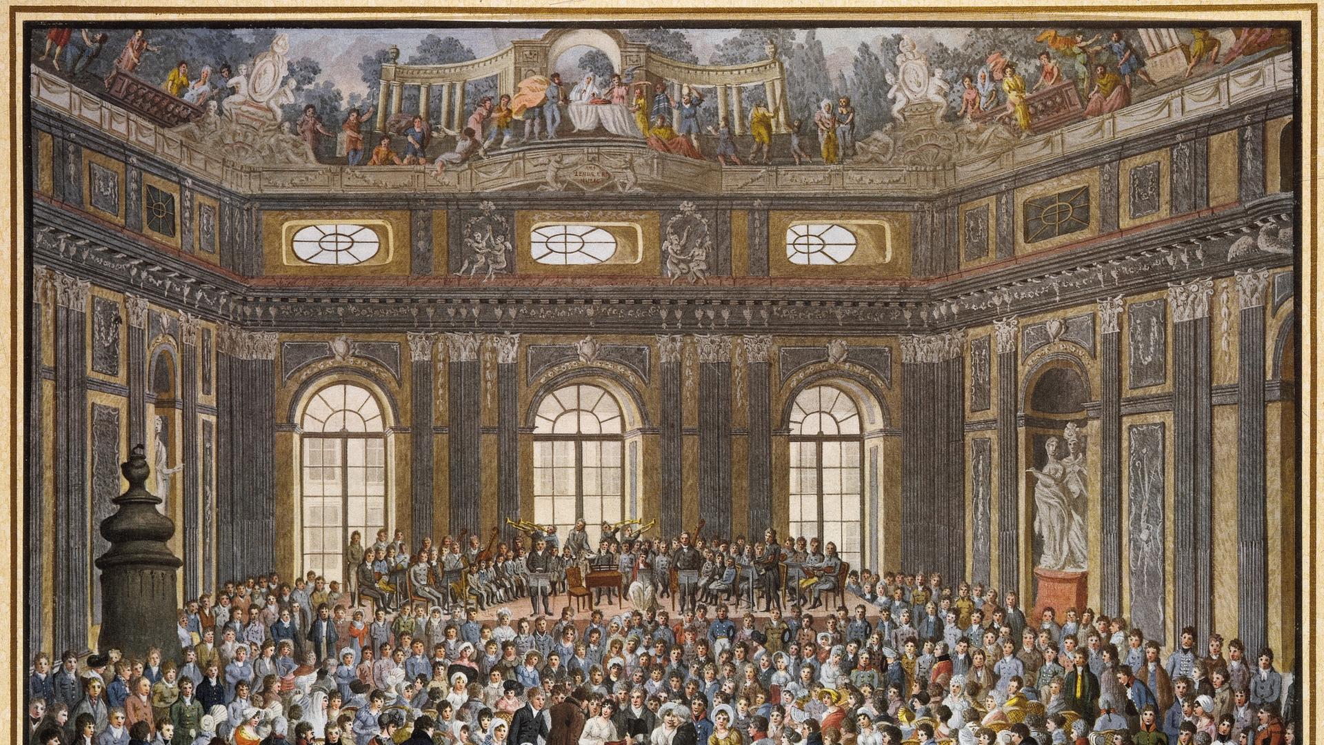 Aufführung von Joseph Haydns Oratorium "Die Schöpfung" 1808 im Festsaal der alten Universität Wien. Noch im selben Jahr dargestellt von Balthasar Wigand in diesem Aquarell. 