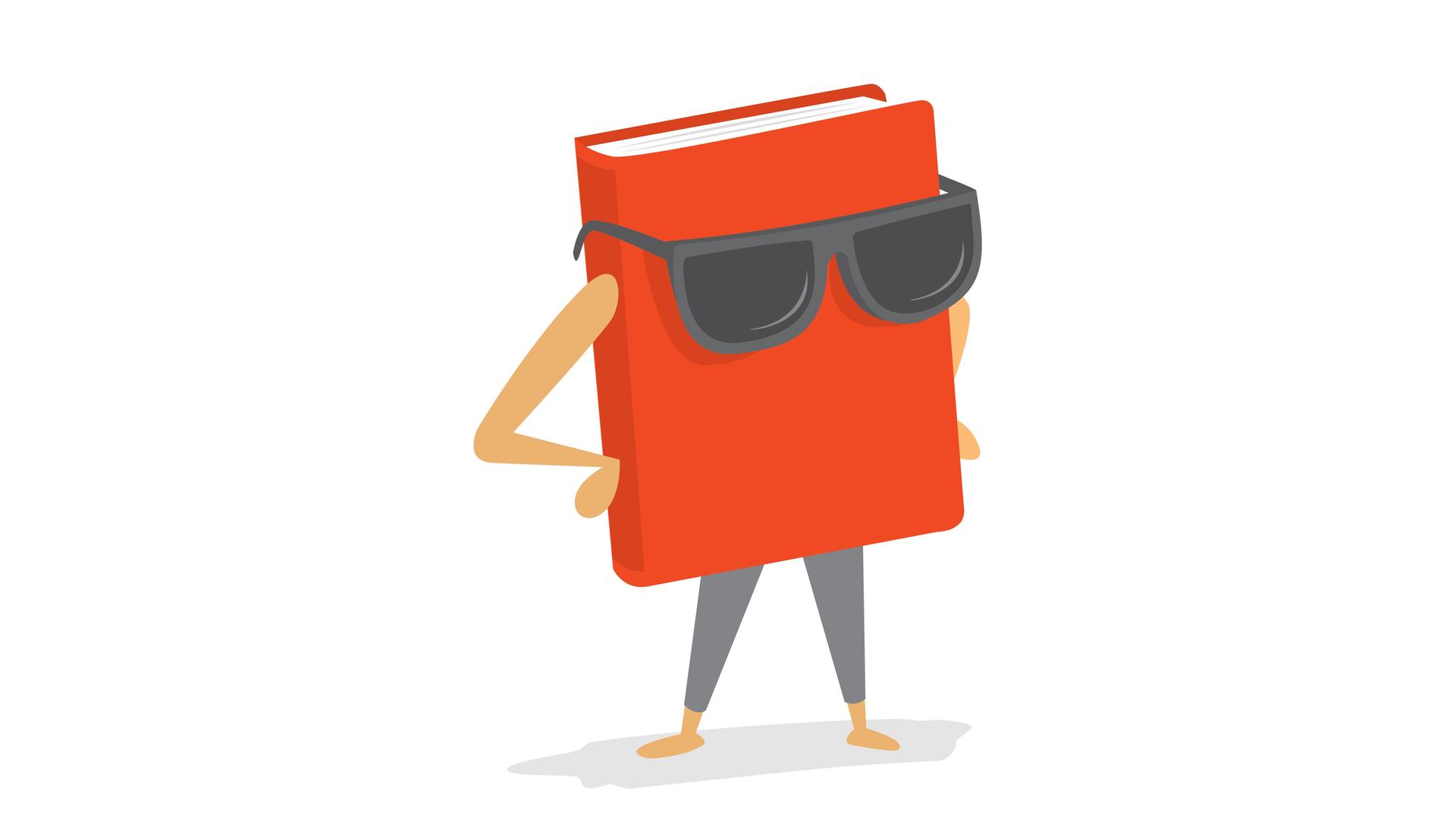 Illustration eines roten Buches mit Armen und Beinen und einer Sonnenbrille.