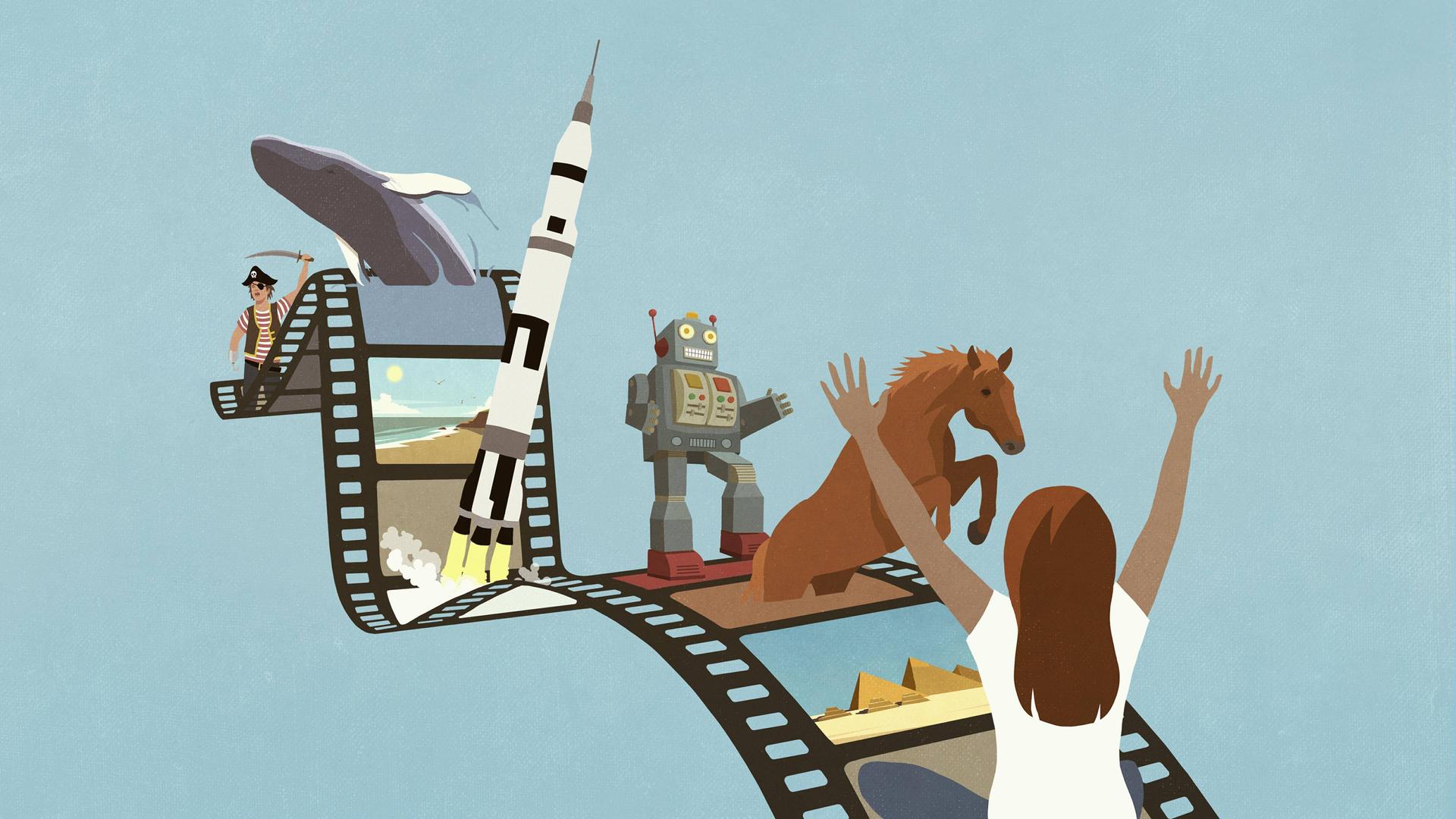 Eine Illustration zeigt eine Frau von hinten auf eiem Zelluloid-Streifen aus dessen einzelnen Bild-Abschnitten ein Pferd, ein Roboter, eine Rakete, ein Wal und ein Pirat herauschzukommen scheinen. Eine Illustration zeigt eine Frau von hinten auf eiem Zelluloid-Streifen aus dessen einzelnen Bild-Abschnitten ein Pferd, ein Roboter, eine Rakete, ein Wal und ein Pirat herauschzukommen scheinen.