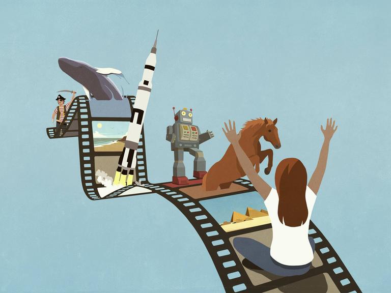 Eine Illustration zeigt eine Frau von hinten auf eiem Zelluloid-Streifen aus dessen einzelnen Bild-Abschnitten ein Pferd, ein Roboter, eine Rakete, ein Wal und ein Pirat herauschzukommen scheinen. 