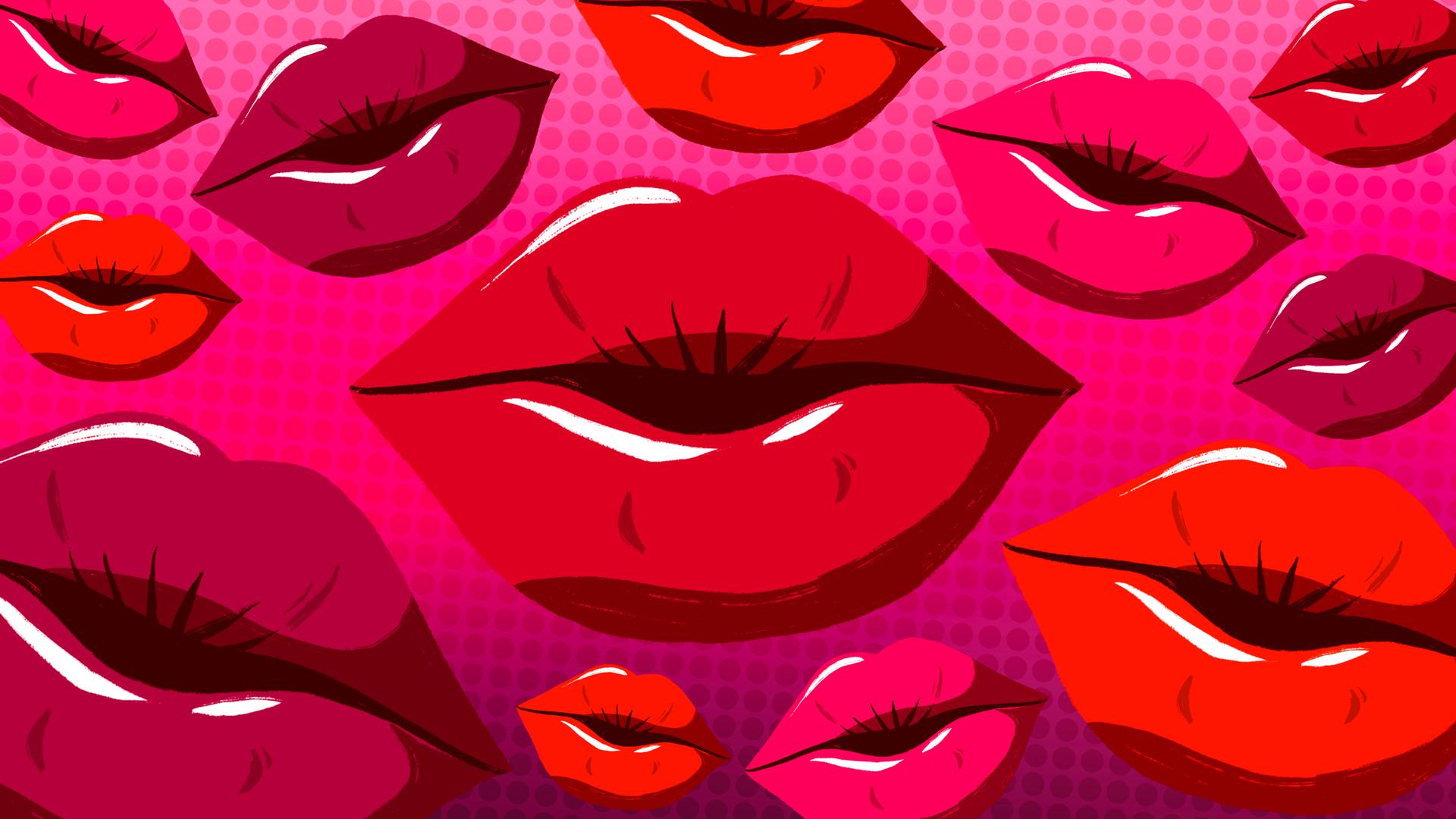 Illustration zum Thema Liebe. Eine Vielzahl Münder mit vollen roten Lippen. Illustration zum Thema Liebe. Eine Vielzahl Münder mit vollen roten Lippen.