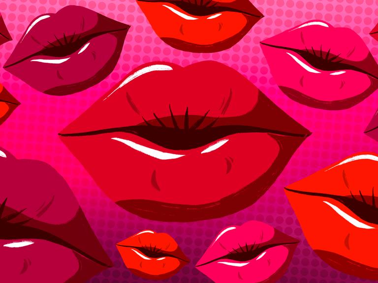 Illustration zum Thema Liebe. Eine Vielzahl Münder mit vollen roten Lippen.