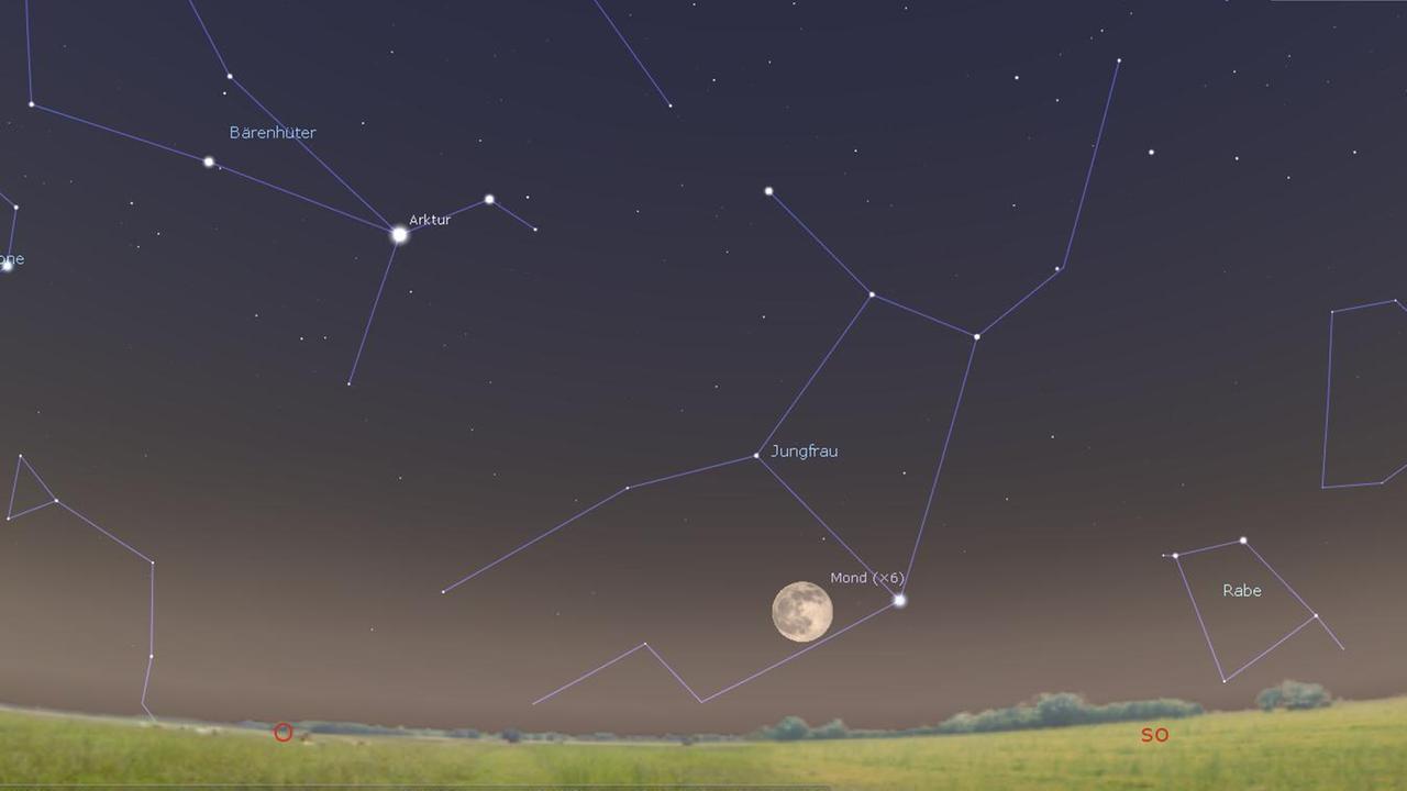Heute Abend steigt der Ostervollmond links des Sterns Spica in der Jungfrau über den Südosthorizont. Heute Abend steigt der Ostervollmond links des Sterns Spica in der Jungfrau über den Südosthorizont.