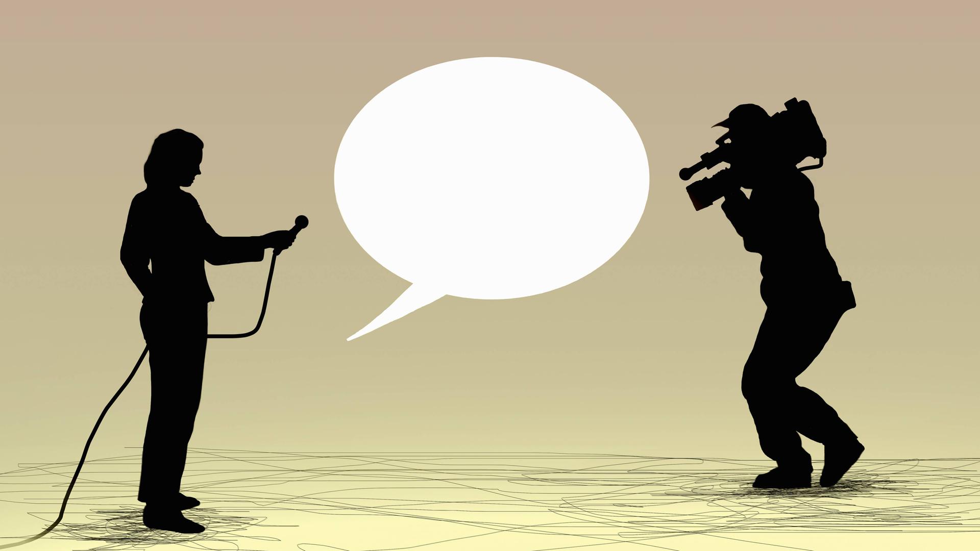 Illustration: Kameramann und Journalistin mit Mikrofon in der Hand im schwarzen Scheerenschnitt. Dazwischen eine weiße Sprechblase Illustration: Kameramann und Journalistin mit Mikrofon in der Hand im schwarzen Scheerenschnitt. Dazwischen eine weiße Sprechblase