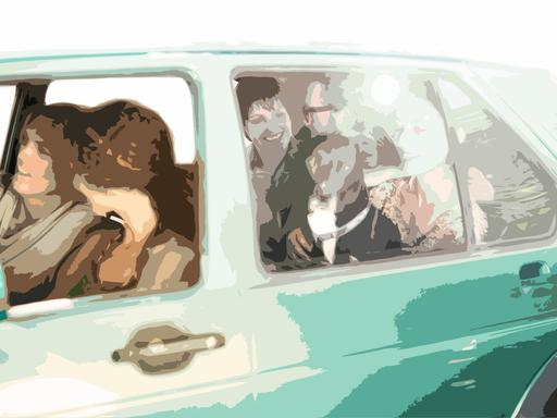 Illustration mehrerer Menschen, die in einem Auto zusammen sitzen.