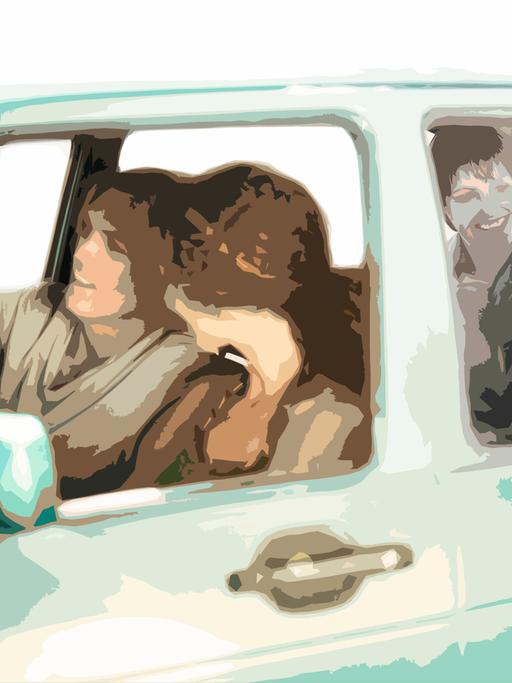 Illustration mehrerer Menschen, die in einem Auto zusammen sitzen.