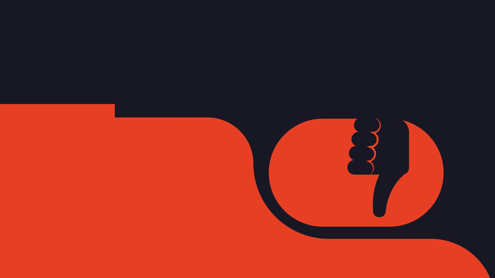 Illustration einer Pistole auf rotem Grund mit einem Dislike-Symbol an Stelle des Triggers. Illustration einer Pistole auf rotem Grund mit einem Dislike-Symbol an Stelle des Triggers.