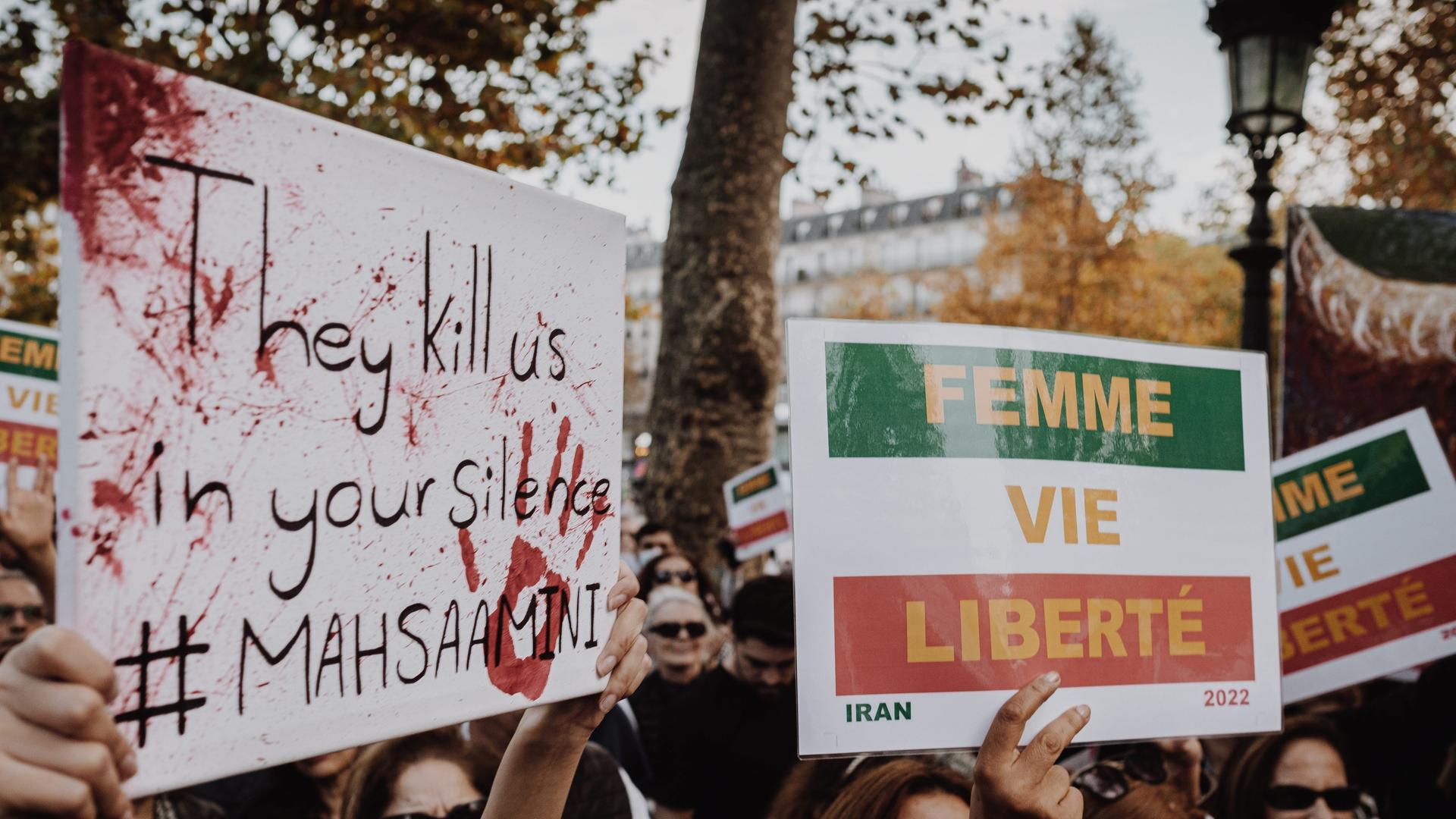 Demonstrierende halten Plakate mit der Aufschrift "They kill us in your silence" und "Femme Vie, Lieberté" Demonstrierende halten Plakate mit der Aufschrift "They kill us in your silence" und "Femme Vie, Lieberté"