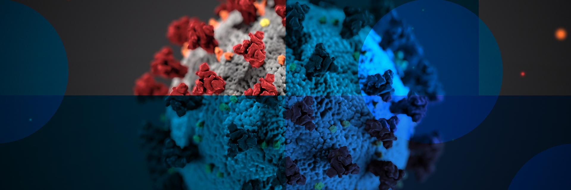 Das Bild zeigt eine Darstellung des Coronavirus. Auf dem Bild sind neben dem Virus halbdurchsichte Quadrate und Kreise in unterschiedlichen Blautönen zu erkennen. Das Bild zeigt eine Darstellung des Coronavirus. Auf dem Bild sind neben dem Virus halbdurchsichte Quadrate und Kreise in unterschiedlichen Blautönen zu erkennen.