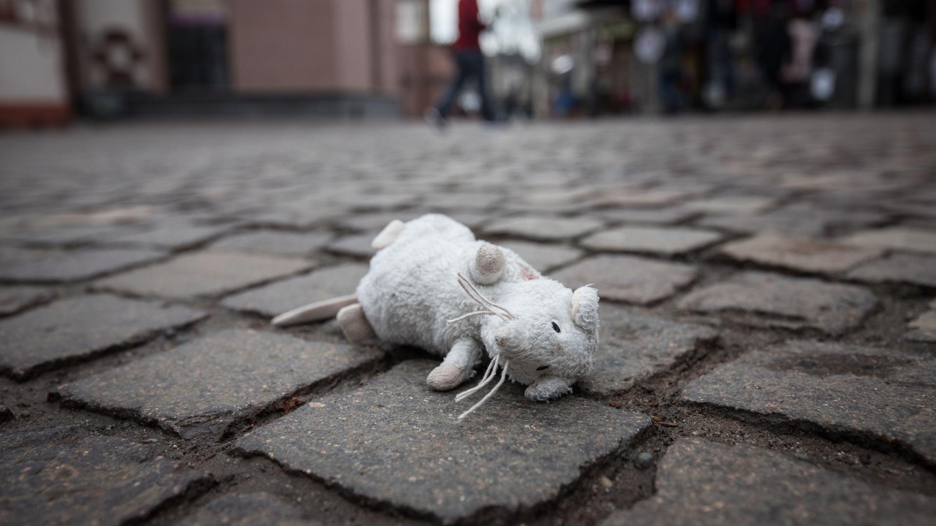 Eine kleine Stoffratte, die offenbar ein Kind verloren hat, liegt am 11.01.2018 in Frankfurt am Main (Hessen) auf dem Pflaster am Römerberg. Eine kleine Stoffratte, die offenbar ein Kind verloren hat, liegt am 11.01.2018 in Frankfurt am Main (Hessen) auf dem Pflaster am Römerberg.