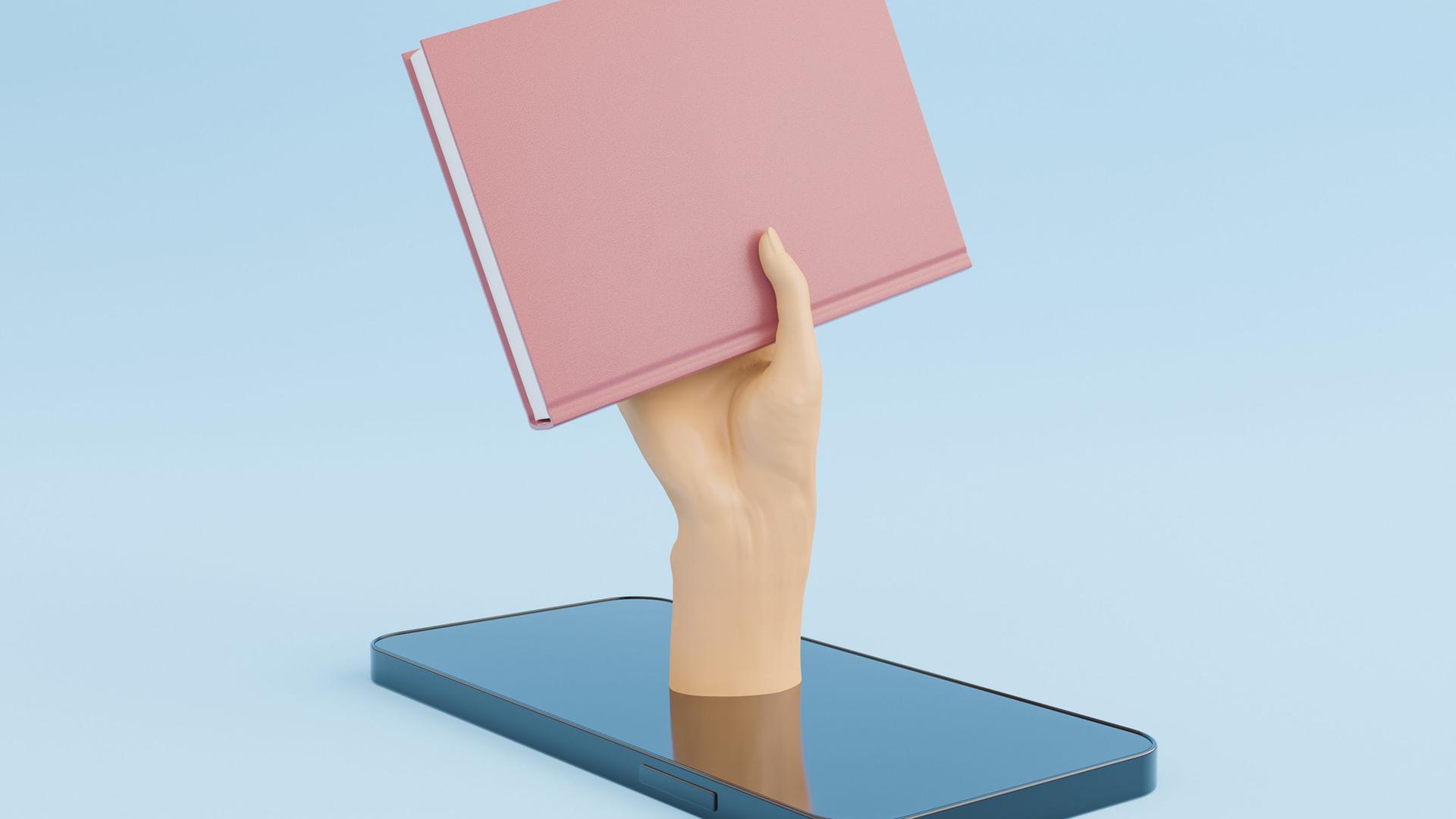 Illustration: Eine Hand mit einem Buch ragt aus einem Display eines Smartphones heraus. Illustration: Eine Hand mit einem Buch ragt aus einem Display eines Smartphones heraus.