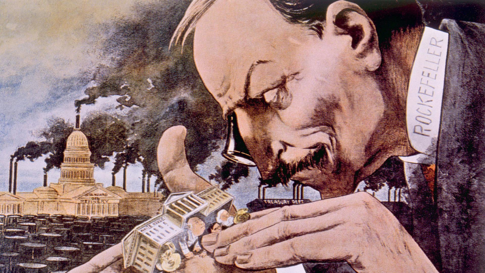 John D. Rockefeller, dargestellt in der politischen Karikatur "The Trust Giant's Point of View" von Horace Taylor in "The Verdict", 1900 John D. Rockefeller, dargestellt in der politischen Karikatur "The Trust Giant's Point of View" von Horace Taylor in "The Verdict", 1900