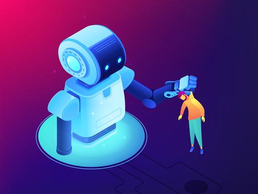 Illustration einer humanoiden Robotermaschine, die einen kleineren Mann am Kragen hochhebt.