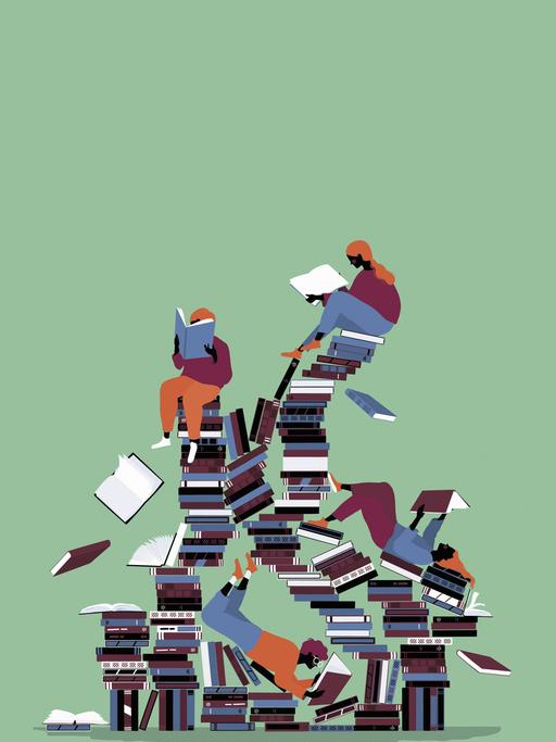 Leser auf einem chaotischen Bücherstapel 