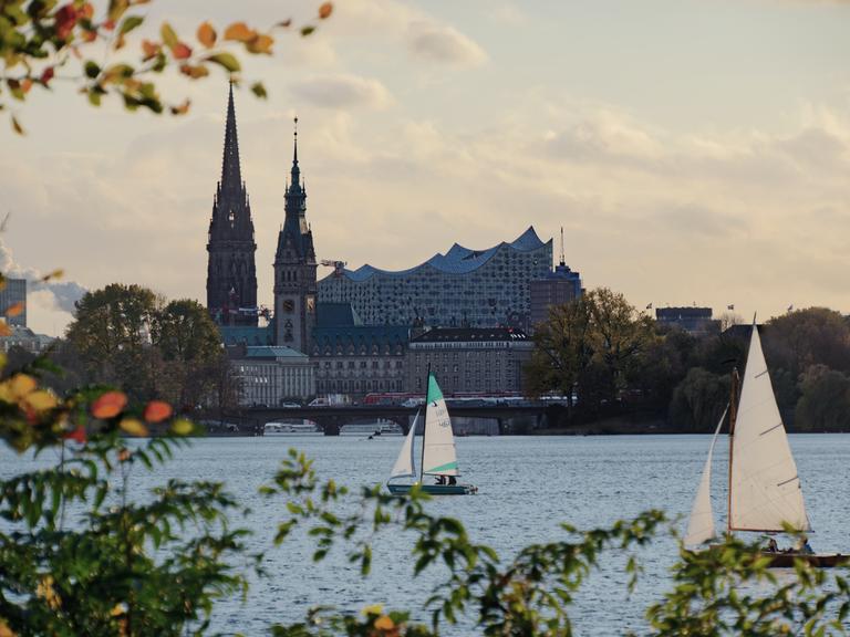 Blick über das Wasser Richtung Hamburg lassen unter anderem das Rathaus und die Elbphilharmonie erkennen.