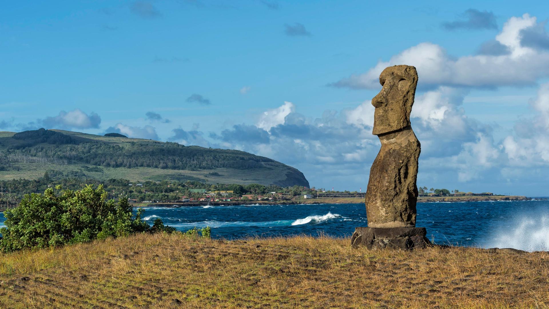 Eine Steinstatue Moai auf der chilenischen Osterinsel und im Hintergrund das Meer.  