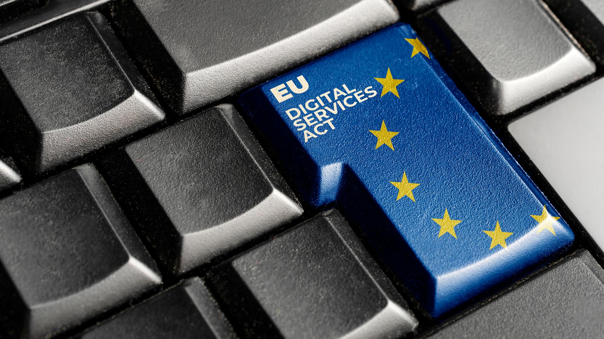 Fotografie einer schwarzen Computertastatur, mit einer blauen Enter-Taste, auf der die Europa-Flagge und der Schriftzug "Digital Services Act" zu sehen sind. Fotografie einer schwarzen Computertastatur, mit einer blauen Enter-Taste, auf der die Europa-Flagge und der Schriftzug "Digital Services Act" zu sehen sind.