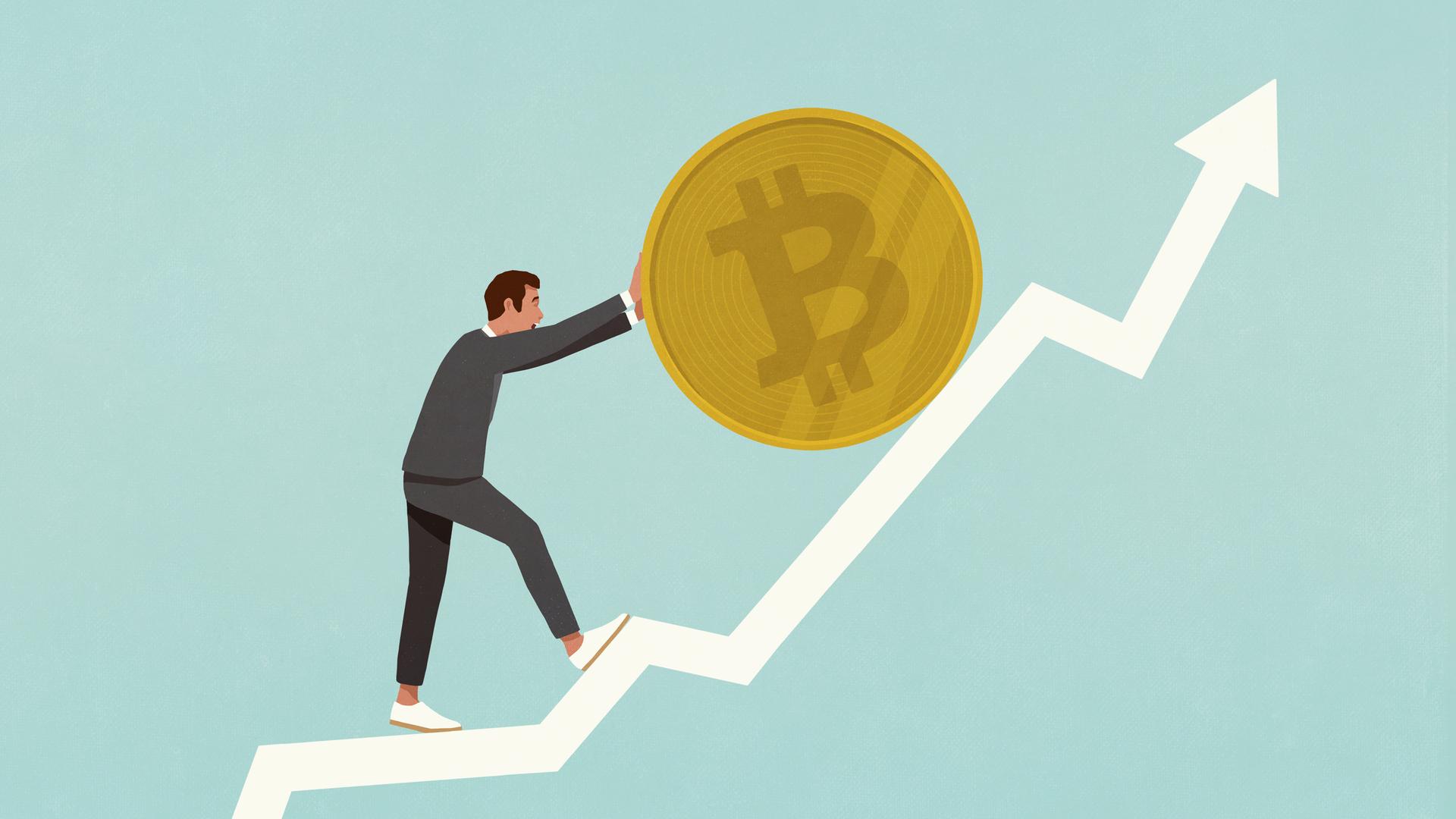 Ein Geschäftsmann, der einen Bitcoin entlange einer aufsteigenden Kurve rollt Ein Geschäftsmann, der einen Bitcoin entlange einer aufsteigenden Kurve rollt