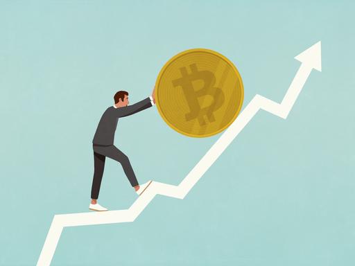 Ein Geschäftsmann, der einen Bitcoin entlange einer aufsteigenden Kurve rollt