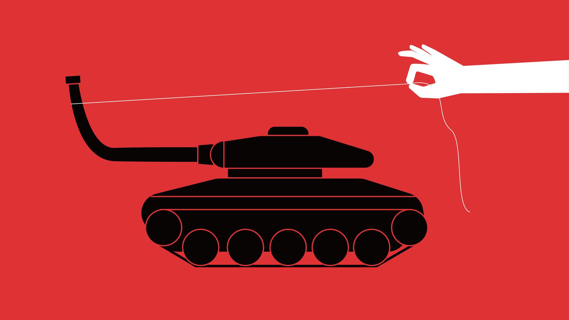 Friedensillustration: Eine Hand zieht das Rohr eines Panzers nach oben. Friedensillustration: Eine Hand zieht das Rohr eines Panzers nach oben.