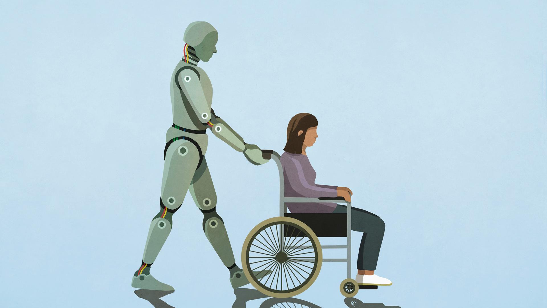 Ein Roboter schiebt eine pflegebedürftige Person in einem Rollstuhl.