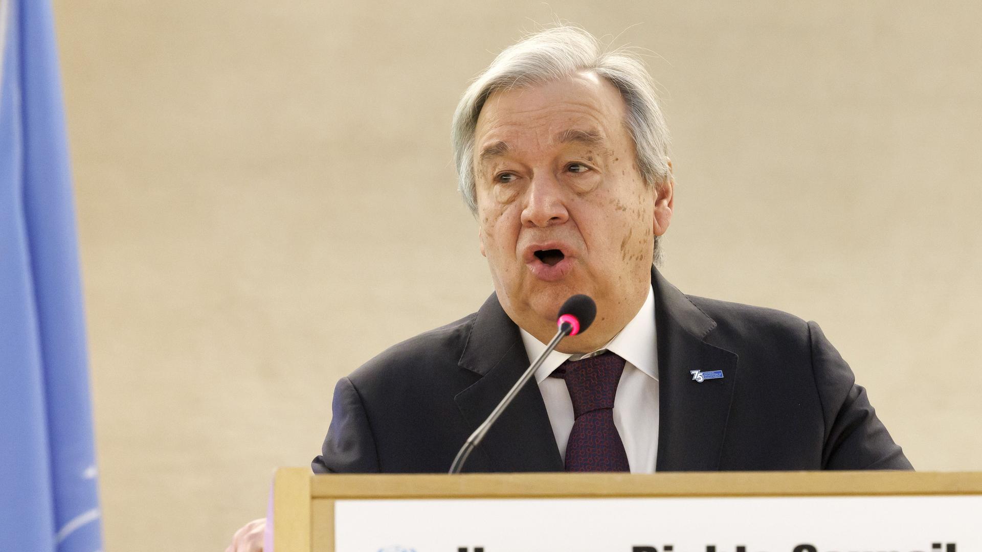 Schweiz, Genf: Antonio Guterres, UNO-Generalsekretär, spricht bei der Eröffnung der 52. Sitzung des Menschenrechtsrates am europäischen Hauptsitz der Vereinten Nationen. Der Rat beschäftigt sich mit Missachtung der Menschenrechte in aller Welt. Schweiz, Genf: Antonio Guterres, UNO-Generalsekretär, spricht bei der Eröffnung der 52. Sitzung des Menschenrechtsrates am europäischen Hauptsitz der Vereinten Nationen. Der Rat beschäftigt sich mit Missachtung der Menschenrechte in aller Welt.
