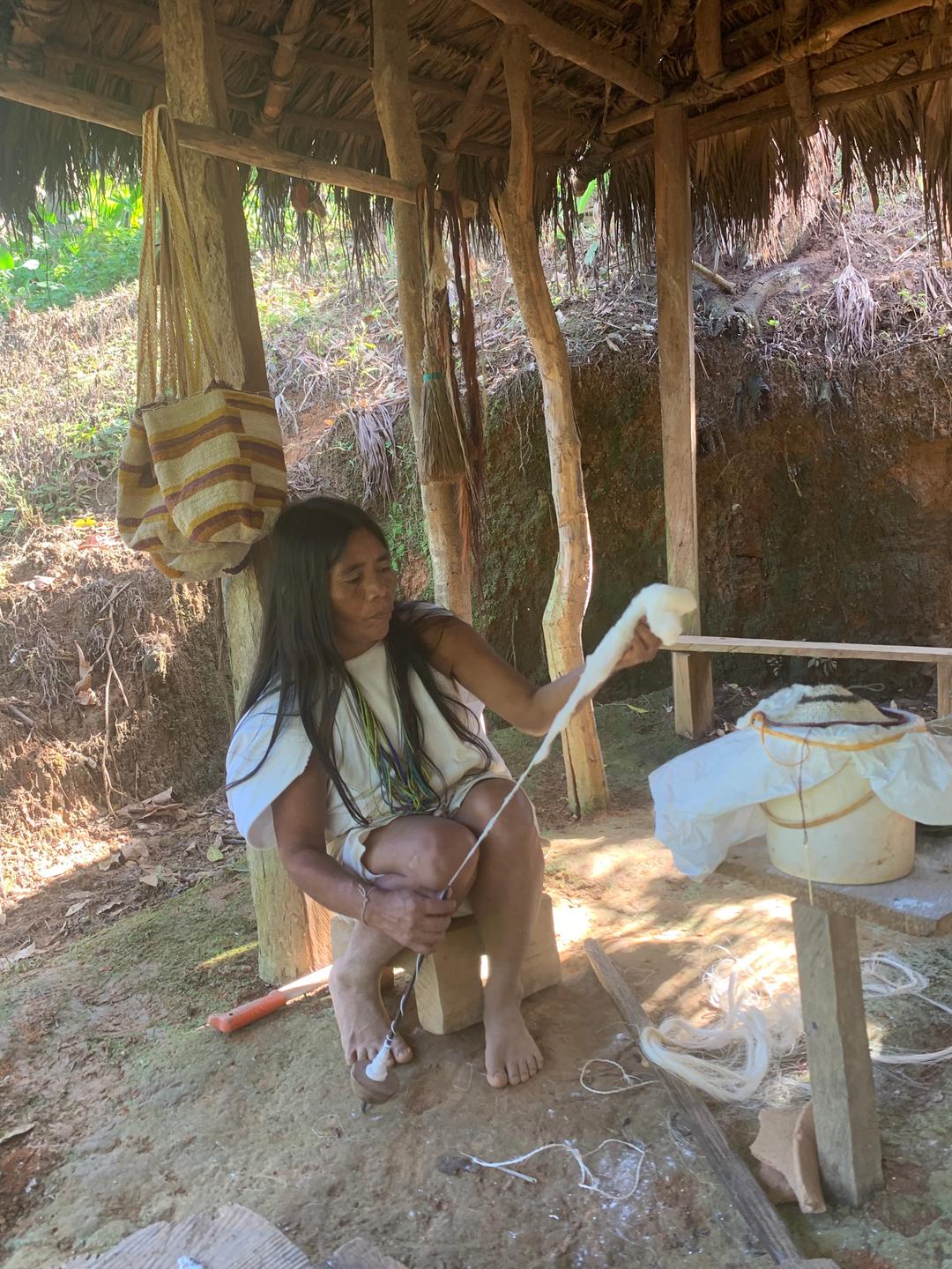 Indigene Wiwa-Frau in weißer Baumwollkleidung beim Spinnen. Indigene Wiwa-Frau in weißer Baumwollkleidung beim Spinnen.