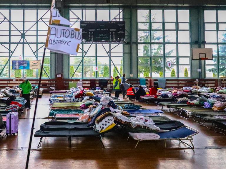 Halle mit Feldbetten für Geflüchtete in Hrubieszow, Polen 