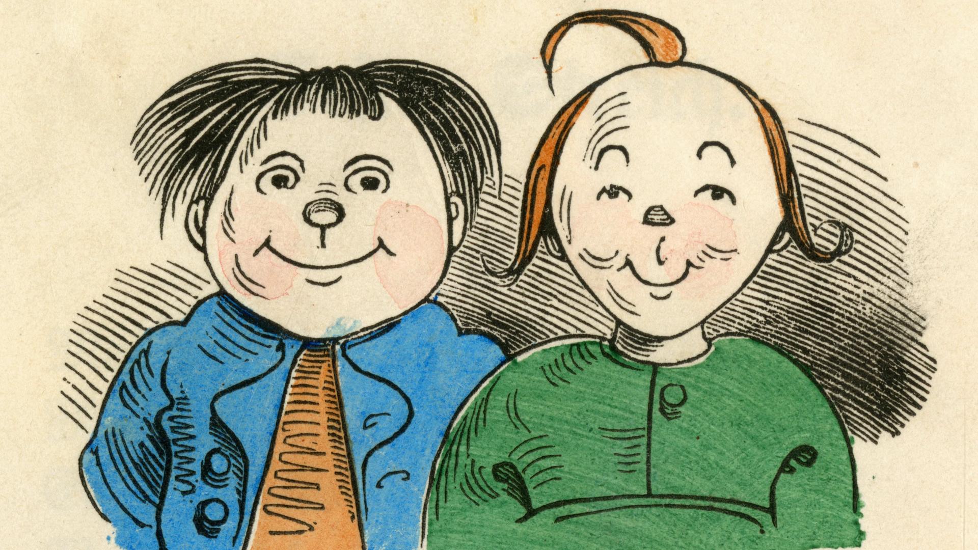Zeichnung der beiden Lausbuben Max und Moritz, die einen mit verschmitztem Blick ansehen Zeichnung der beiden Lausbuben Max und Moritz, die einen mit verschmitztem Blick ansehen