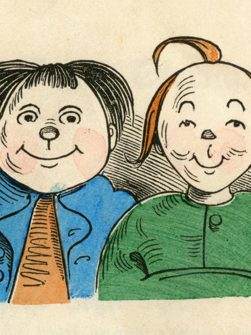 Zeichnung der beiden Lausbuben Max und Moritz, die einen mit verschmitztem Blick ansehen