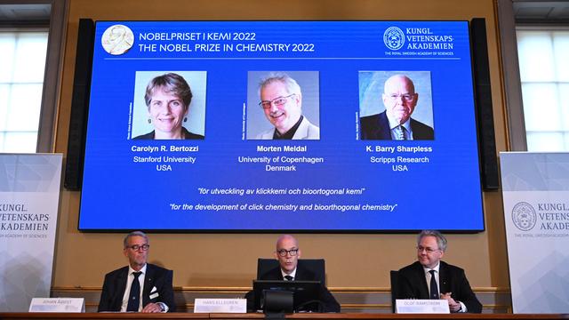 Die Mitglieder des Nobelpreiskomitees geben den Chemie-Nobelpreis 2022 bekannt. Er geht Carolyn Bertozzi, Barry Sharpless und Morten Meldal  
