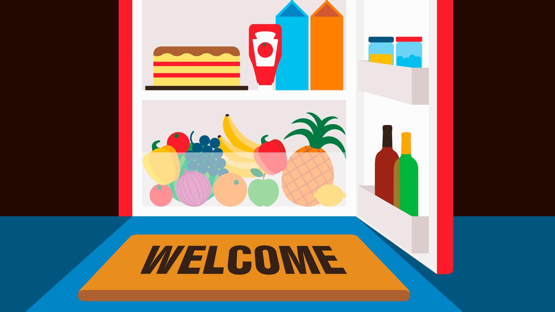 Illustration: Willkommensmatte vor einem offenen Kühlschrank. Illustration: Willkommensmatte vor einem offenen Kühlschrank.