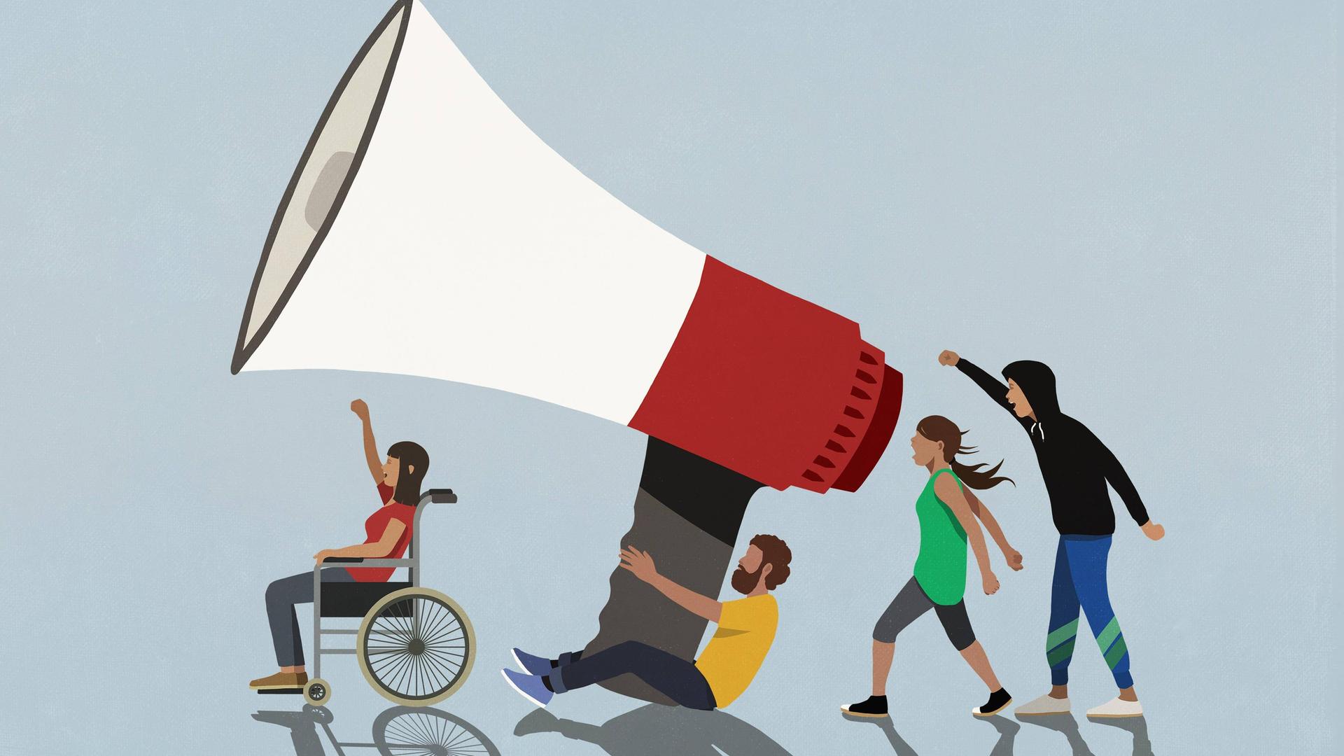 Illustration: Diverse protestierende Bürger mit einem übergroßen Megafon. Illustration: Diverse protestierende Bürger mit einem übergroßen Megafon.