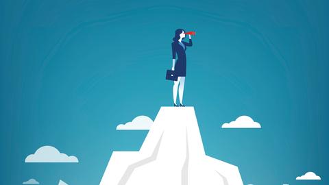 Illustration: Eine Geschäftsfrau steht auf dem Gipfel eines Berges und sucht mit einem Fernrohr nach Erfolg. 