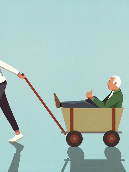 Illustration: Eine Frau zieht ihren alten Vater im Bollerwagen hinter sich her.