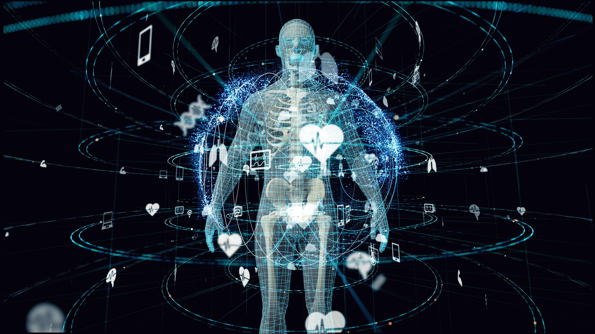 Computergenerierte Illustration einer Person, um die herum Icons mit medizinischen Parametern kreisen.