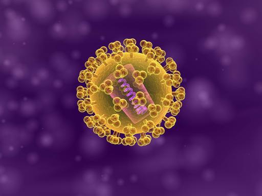 Eine 3-D-Illustration eines isolierten Hi-Virus vor lilanem Hintergrund