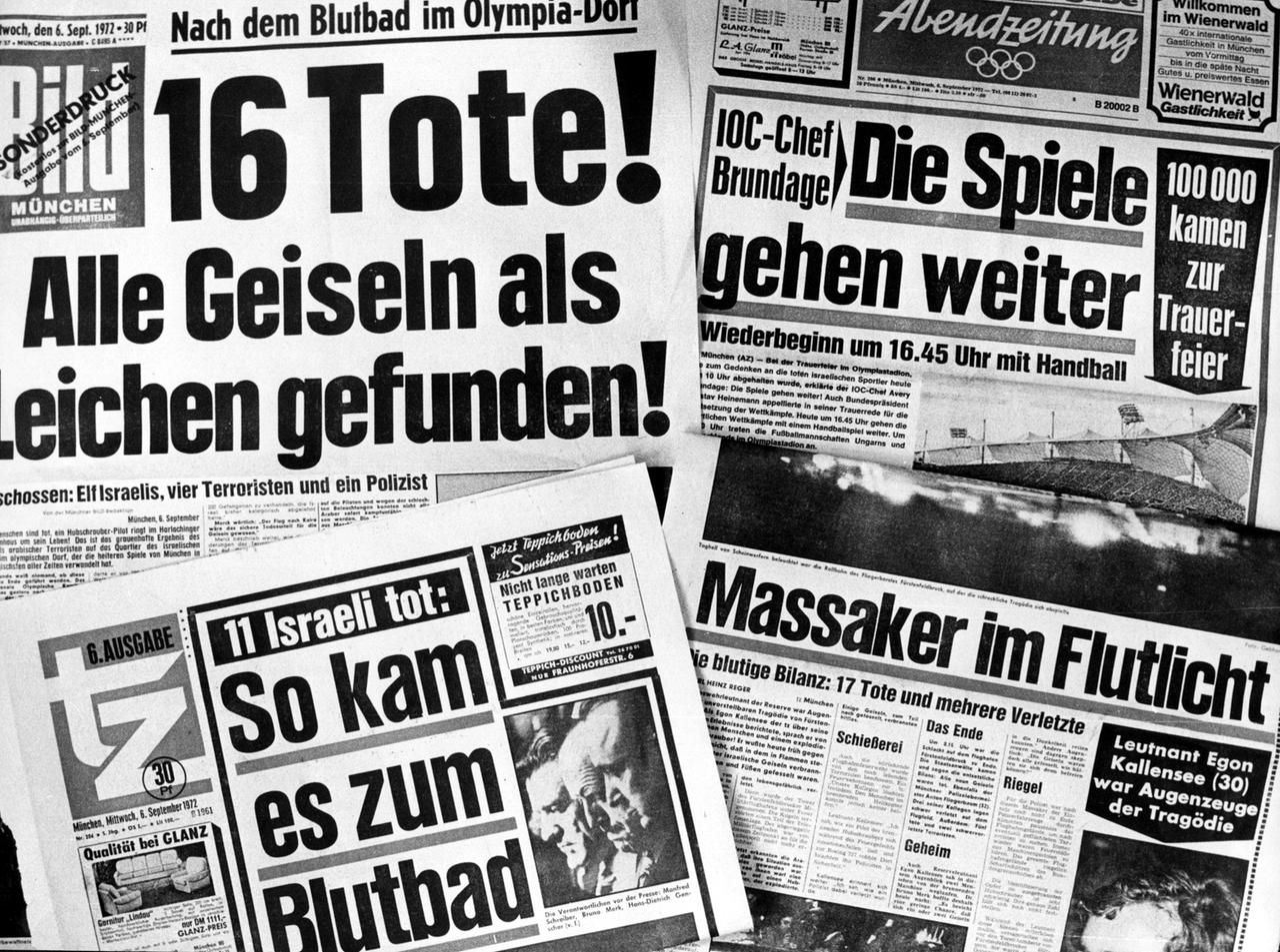 Ein Pressespiegel vom 06.09.1972 zum Attentat bei den Olympischen Sommerspielen in München von arabischen Terroristen der Untergrundorganisation "Schwarzer September" auf israelische Sportler Ein Pressespiegel vom 06.09.1972 zum Attentat bei den Olympischen Sommerspielen in München von arabischen Terroristen der Untergrundorganisation "Schwarzer September" auf israelische Sportler