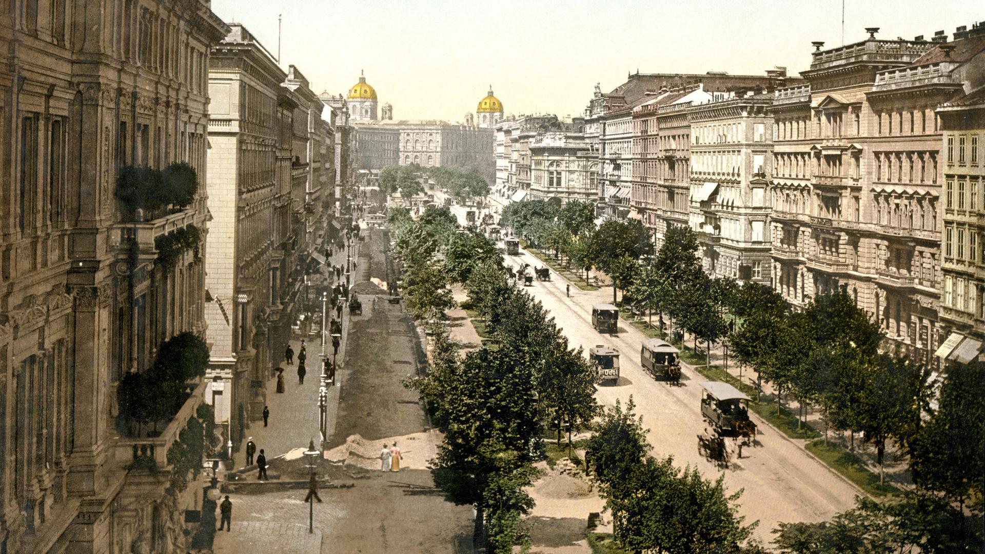 Wien, Kärntnering (heute Teil der Ringstraße) von Westen, koloriertes Foto um 1900
