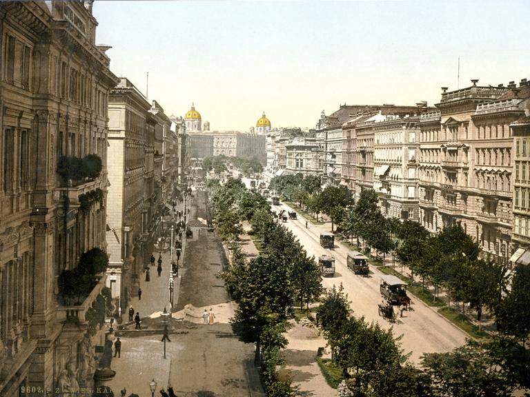 Wien, Kärntnering (heute Teil der Ringstraße) von Westen, koloriertes Foto um 1900
