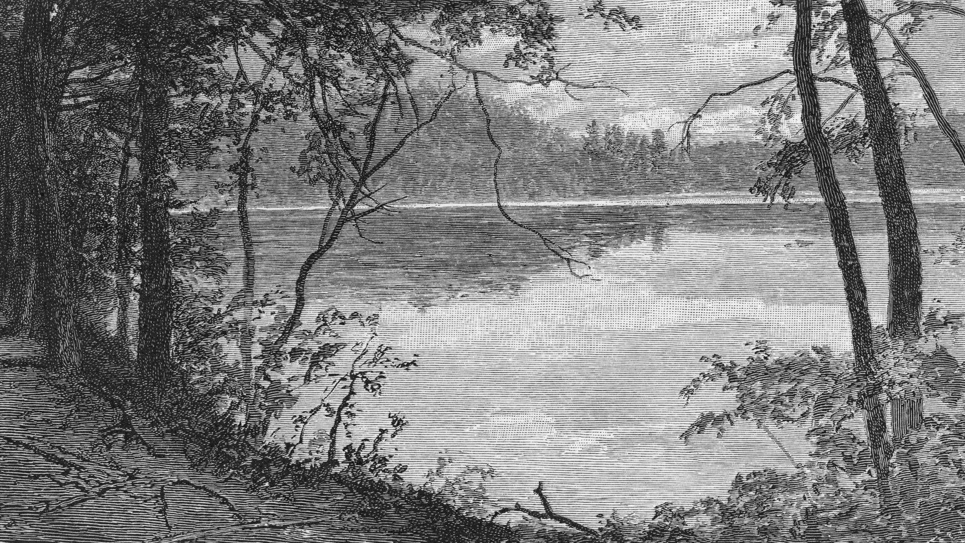 Schwarz-Weiß-Abbildung des Waldensees in Massachusetts Schwarz-Weiß-Abbildung des Waldensees in Massachusetts