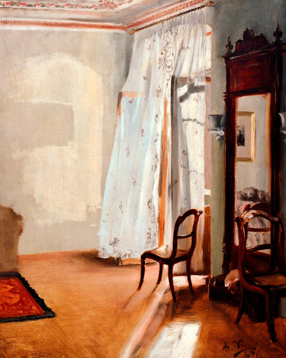 Das Gemälde von Adolph Menzel zeigt einem Stuhl am geöffneten Fenster, durch dessen Vorhänge das Licht herein fällt.
