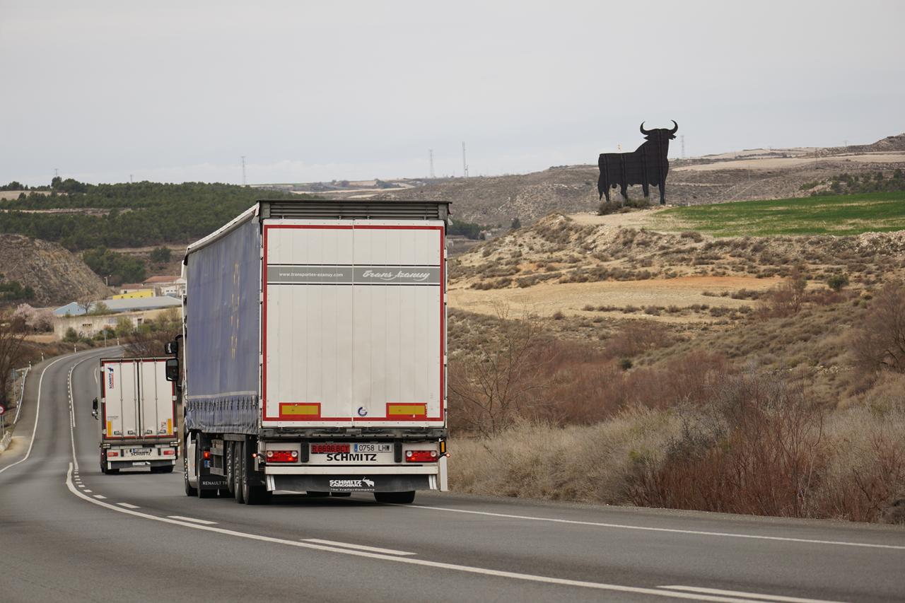 Ein großer Osborne-Stier thront in der Landschaft neben einer Straße, auf der mehrere LKW vorbeifahren.