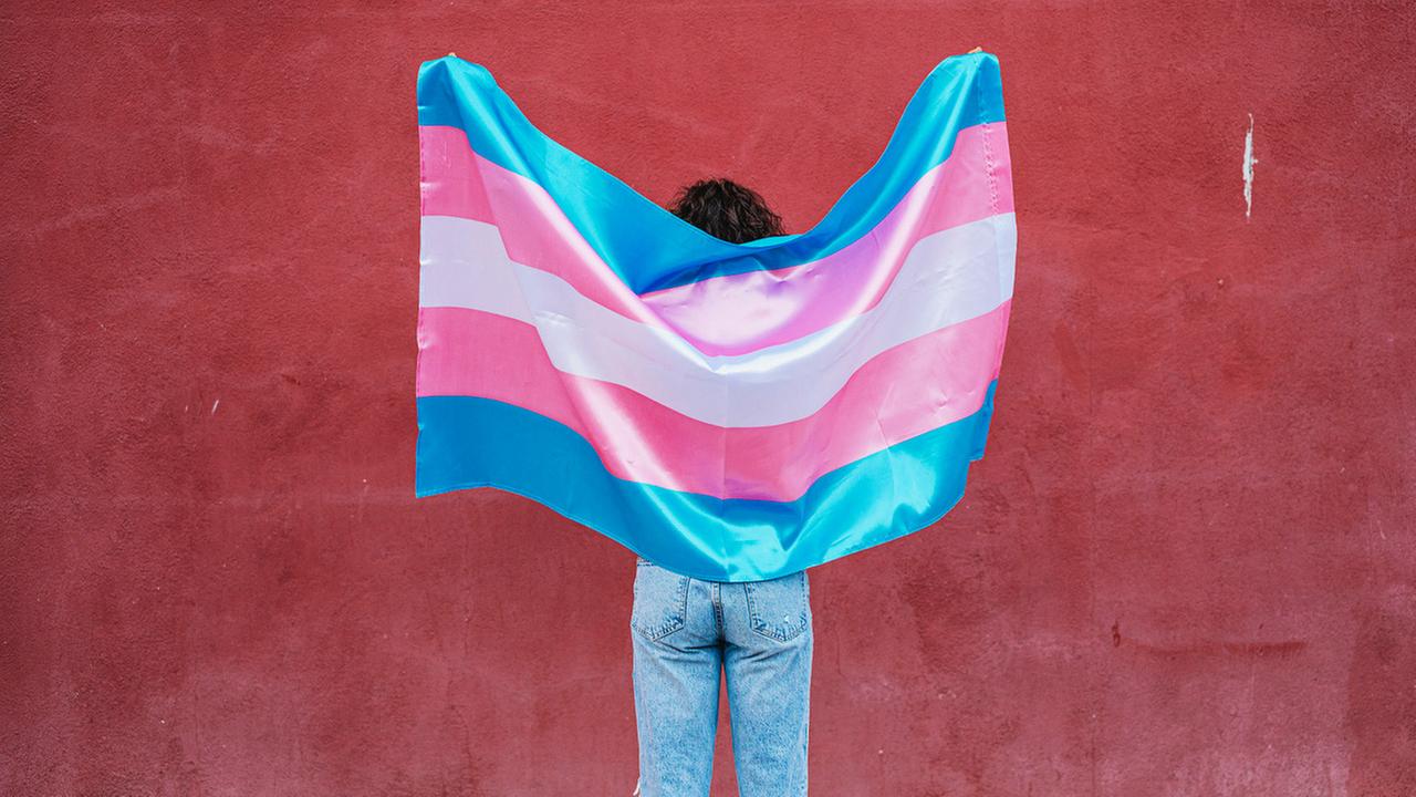 Eine Person hält eine Transgenderflagge. Eine Person hält eine Transgenderflagge.