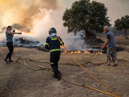 Spanien, Losacio: Ein Feuerwehrmann und zwei Nachbarn arbeiten daran, den Brand in Losacio zu löschen. Ein Mitglied der Feuerwehr, das mit dem Löschen des Brandes beschäftigt war, ist infolge des raschen Fortschreitens der Flammen in dem Gebiet ums Leben gekommen.