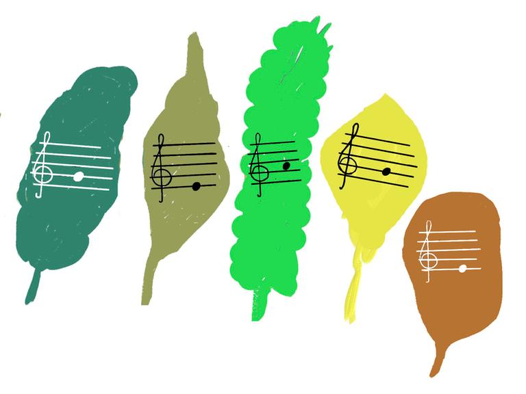 Auf Blättern in verschiedenen Grüntönen sind Notenschlüssel und eine Noten gezeichnet.