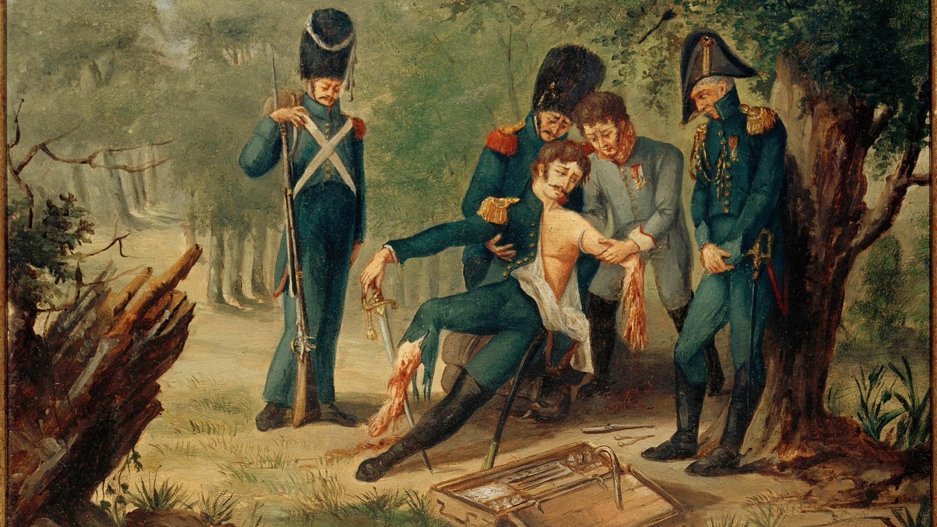 Ein Ölgemälde zeigt, wie der französische Militärarzt Dominique Jean Larrey im Oktober 1813 einem verwundeten Befehlshaber Gliedmaßen amputiert. Wer zuerst behandelt wurde, das entschied Larrey allein nach medizinischen Kriterien - weshalb er auch als Erfinder der Triage gilt. 