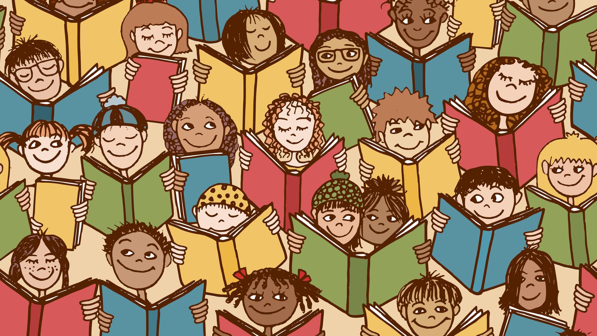 Illustration: Kinder aus verschiedenen Kulturen lesen Bücher. Illustration: Kinder aus verschiedenen Kulturen lesen Bücher.